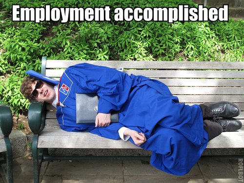 Employment accomplished Recent graduate Matthew Hurst sleeps on a campus bench of American University, in full cap-and-gown regalia