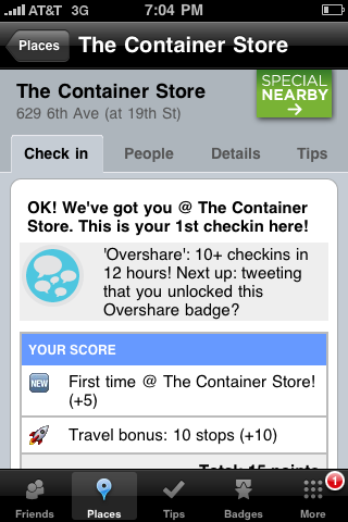 Oversharing badge on Foursquare